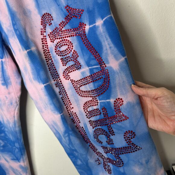 Von Dutch SET Blue Pink Tie Dye Red Rhinestone Logo Oversize Hoodie & Pants - Picture 11 of 16